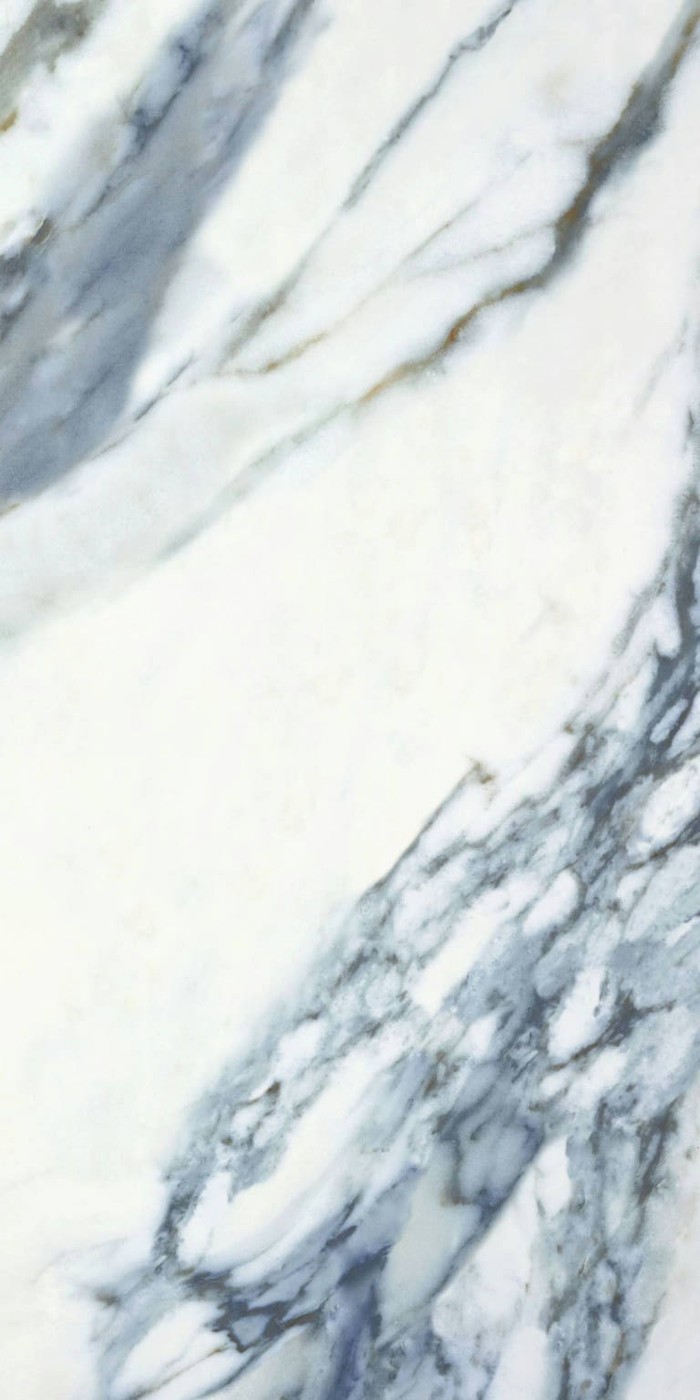 Annie Blue porcelain floor tile, 24 by 48 inches, white with blue-grey veining