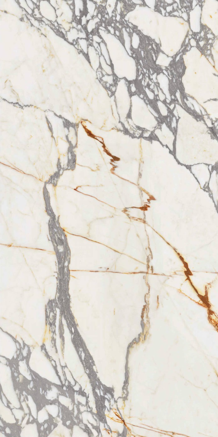 Arabescato porcelain floor tile, 24 by 48 inches, white with grey and gold veining